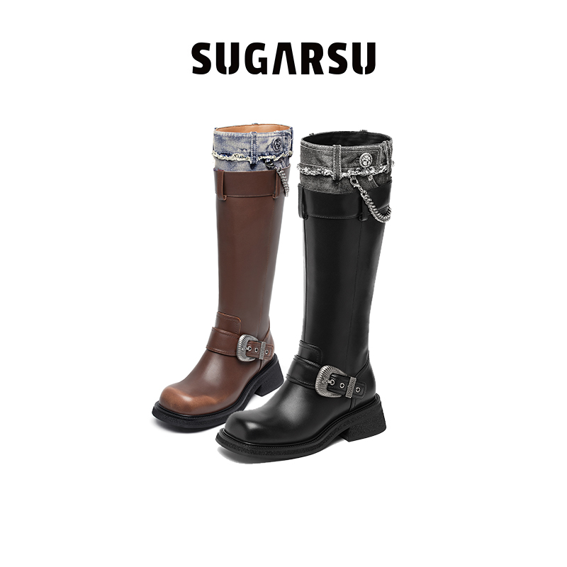 SugarSu/酥履赵昭仪同款牛仔复古中筒时装长靴女高跟黑色高筒靴