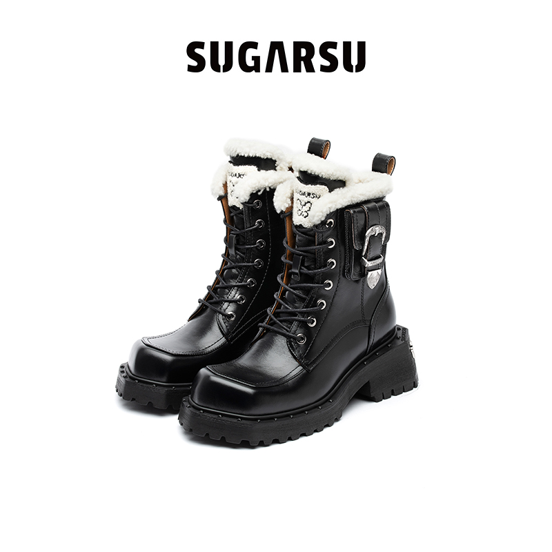 SugarSu酥履 秋冬新款弥野系列  复古毛绒皮革马丁靴时尚百搭