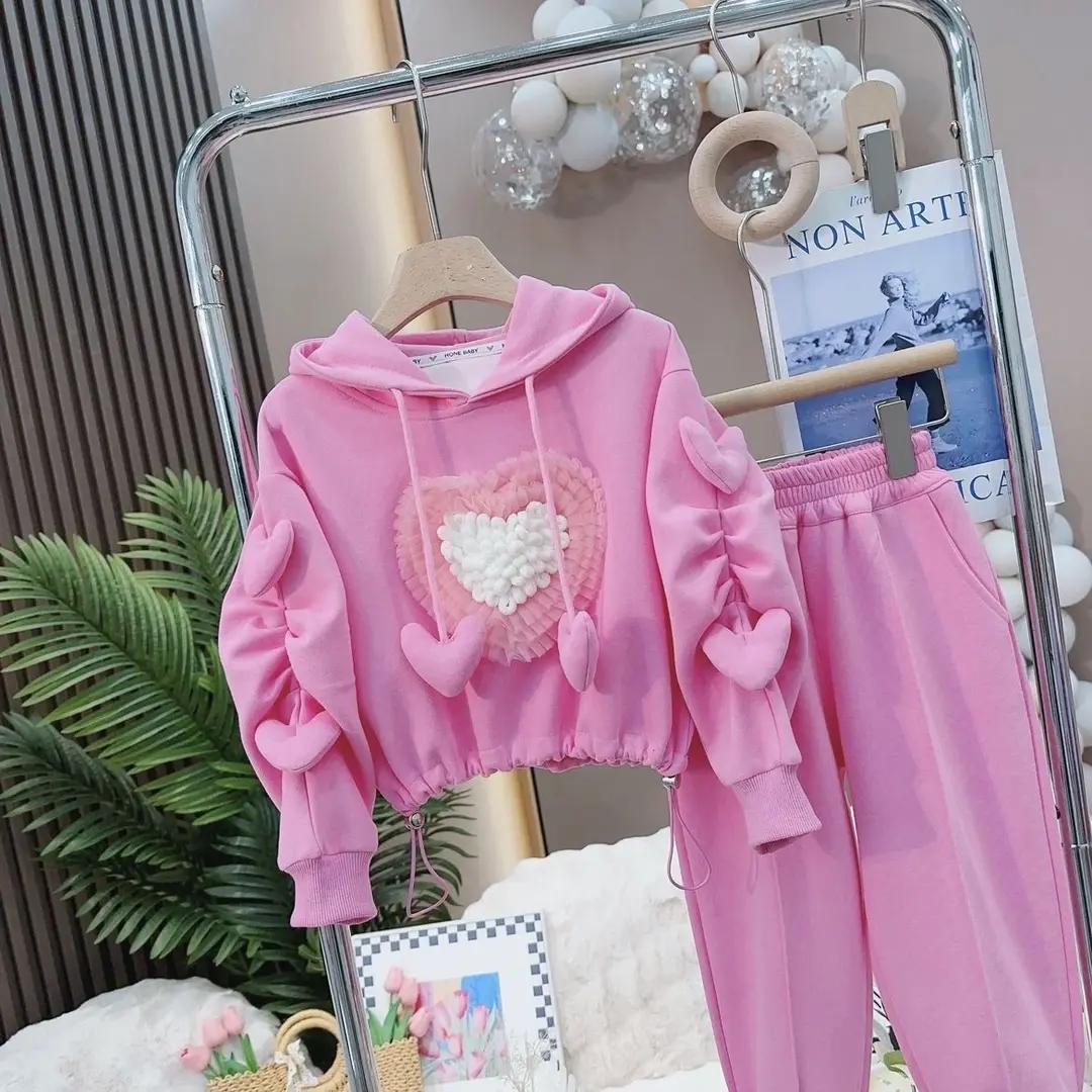 女童秋冬加绒套装2023多巴胺穿搭加厚爱心卫衣裤子两件套春秋款潮