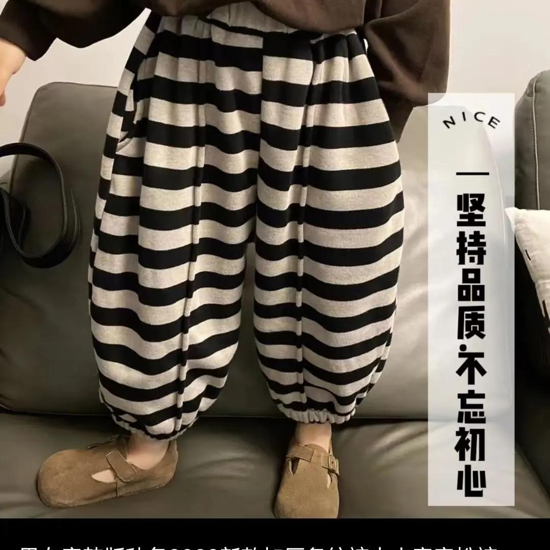 男女童韩版秋冬2023新款加厚条纹裤中小童宽松裤子儿童休闲长裤潮