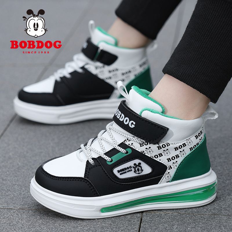 巴布豆男童鞋中大童秋冬高帮皮面板鞋男孩防水加绒保暖儿童运动鞋