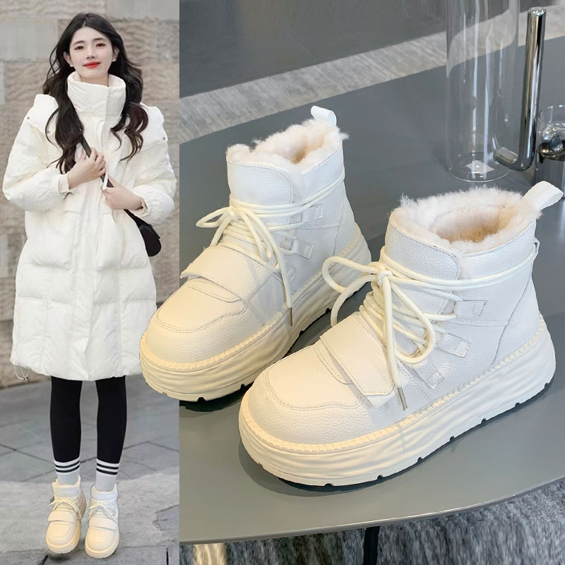 高帮雪地靴女真皮加厚保暖短靴东北厚底学生休闲棉靴防滑棉鞋