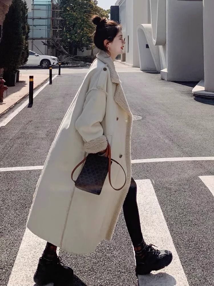 2-300斤大码胖mm颗粒绒外套女秋冬遮肉过膝长款呢子皮毛一体大衣