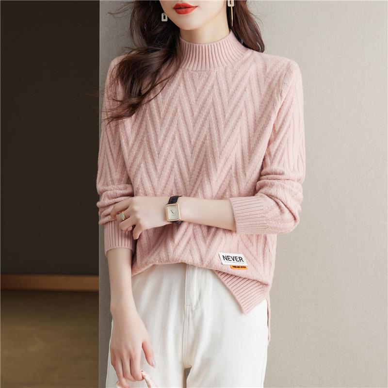 恒源祥彩羊粉色半高领针织打底衫女2023秋冬新款不规则开叉内搭毛