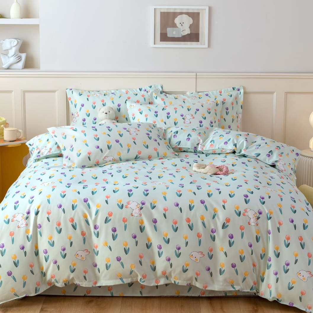 高支高密精梳斜纹面料双人床单【花园小兔】230*230（±5）