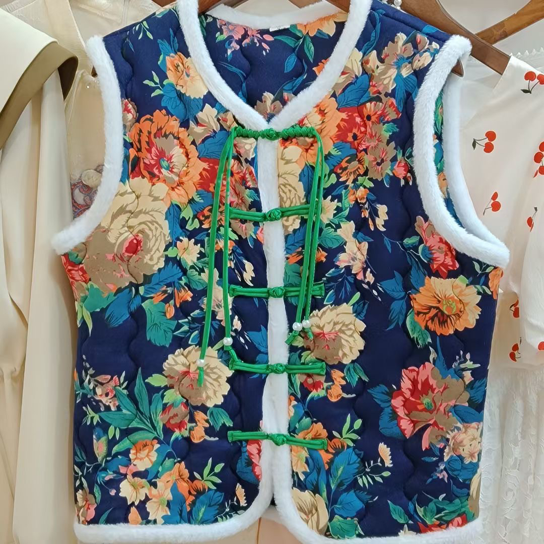 名族东北大花中国风马夹棉袄复古2024新款盘扣坎肩保暖女装马甲女