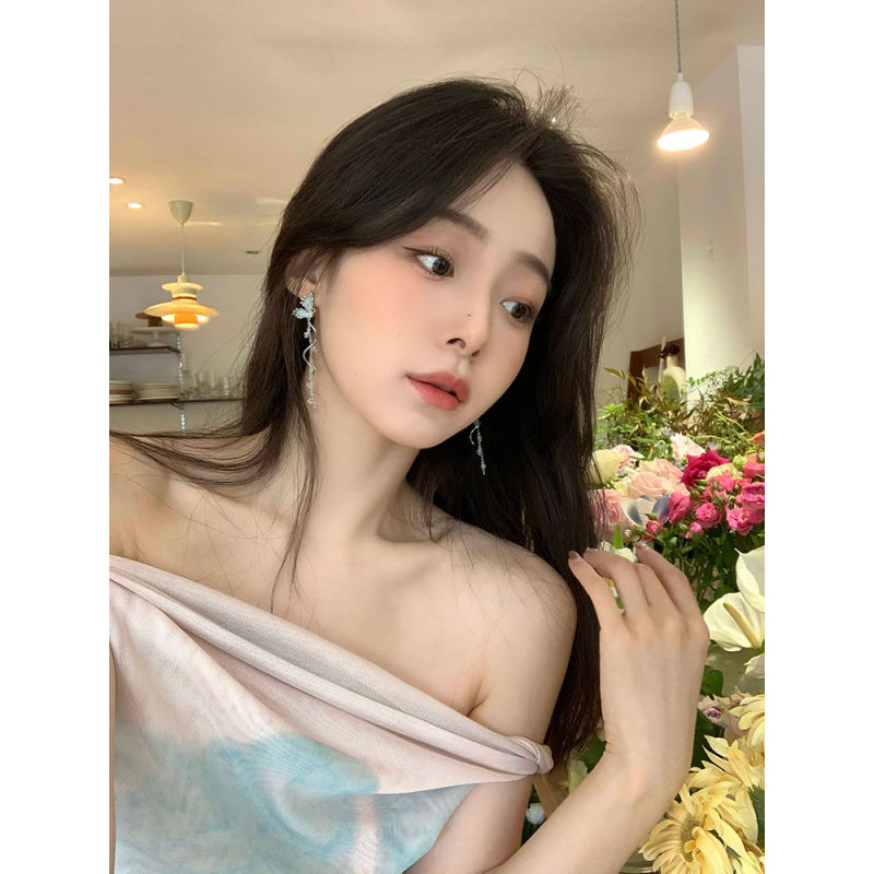 独特蝴蝶z珠流苏长款耳环轻奢小众耳钉高级感耳饰女无耳洞耳夹ins