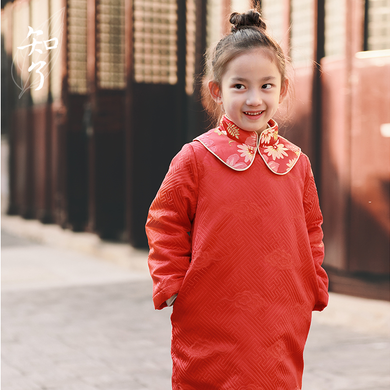 知了童装52220 冬款唐装云肩旗袍加绒夹棉新年装女童