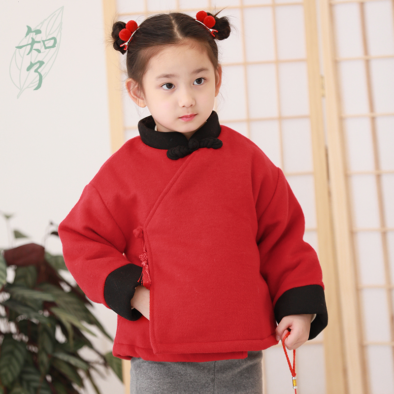 知了童装1377 冬装文艺女童中式拜年服唐装儿童毛呢外套夹棉加厚