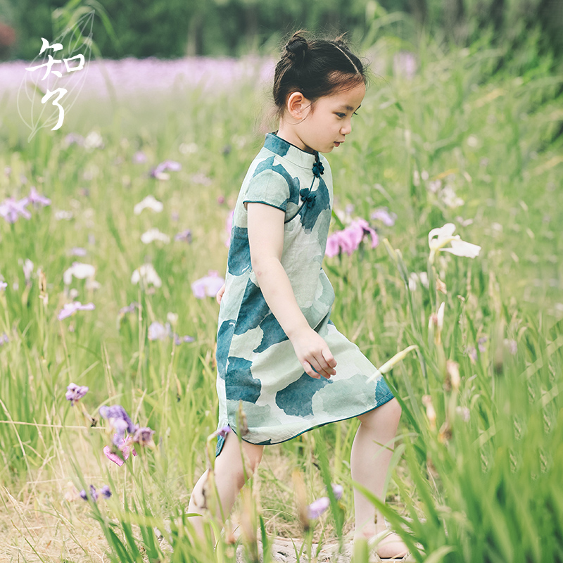 知了童装  52351亚麻儿童短袖旗袍少女中国风连衣裙夏季