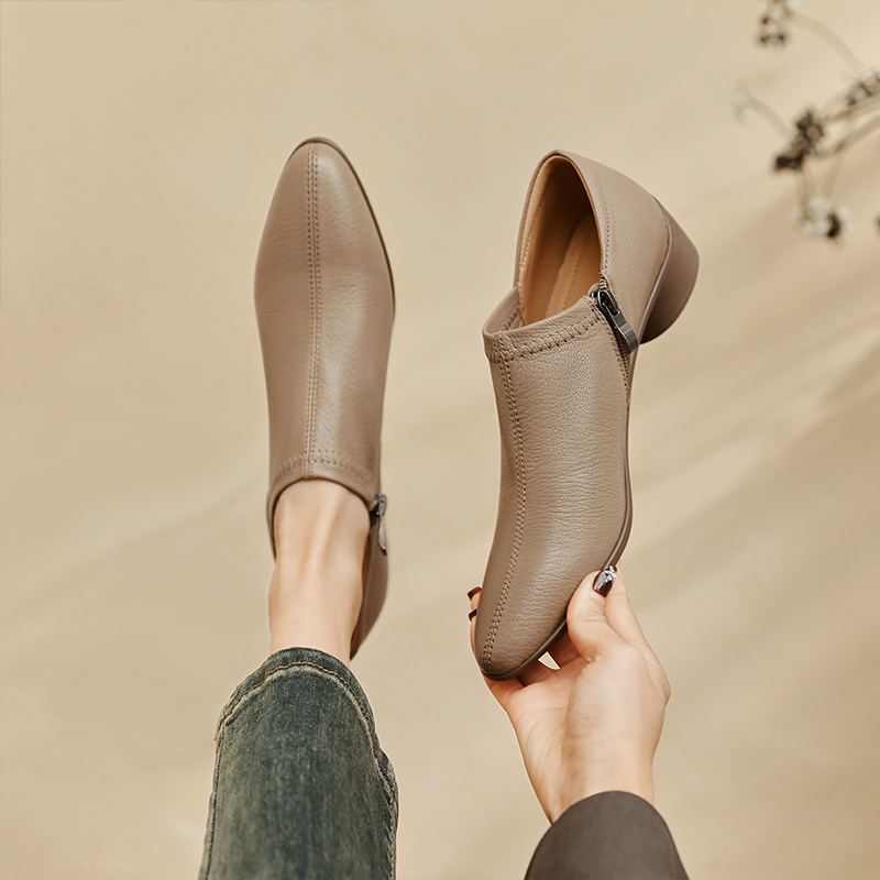 跟高4.5cm/羊34-40法式简约侧拉链芒果头超软深口单鞋粗跟厚底