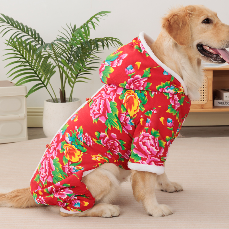 宠物狗狗衣服秋冬款加绒加厚保暖金毛拉布拉多大型犬大花四脚带帽