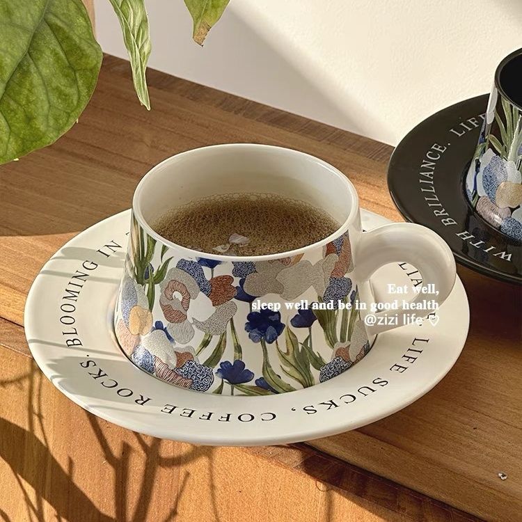 ins鸢尾花咖啡杯碟高级感有格调家用杯碟红茶牛奶杯节日礼物复古