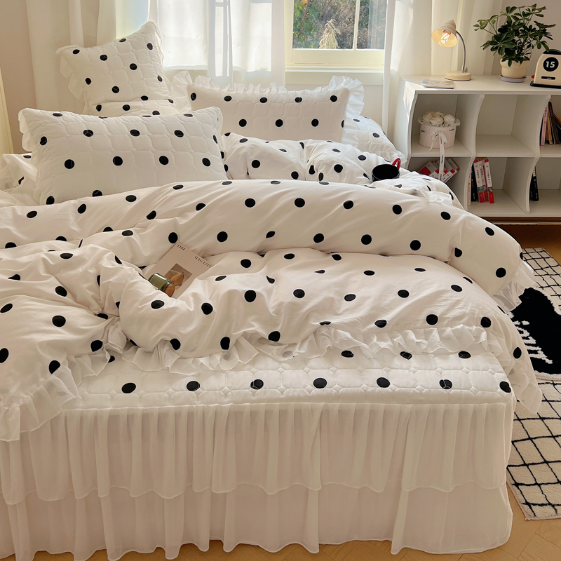 韩系纯棉四件套波点夹棉蕾丝花边款床裙加厚全棉被套家纺床上用品