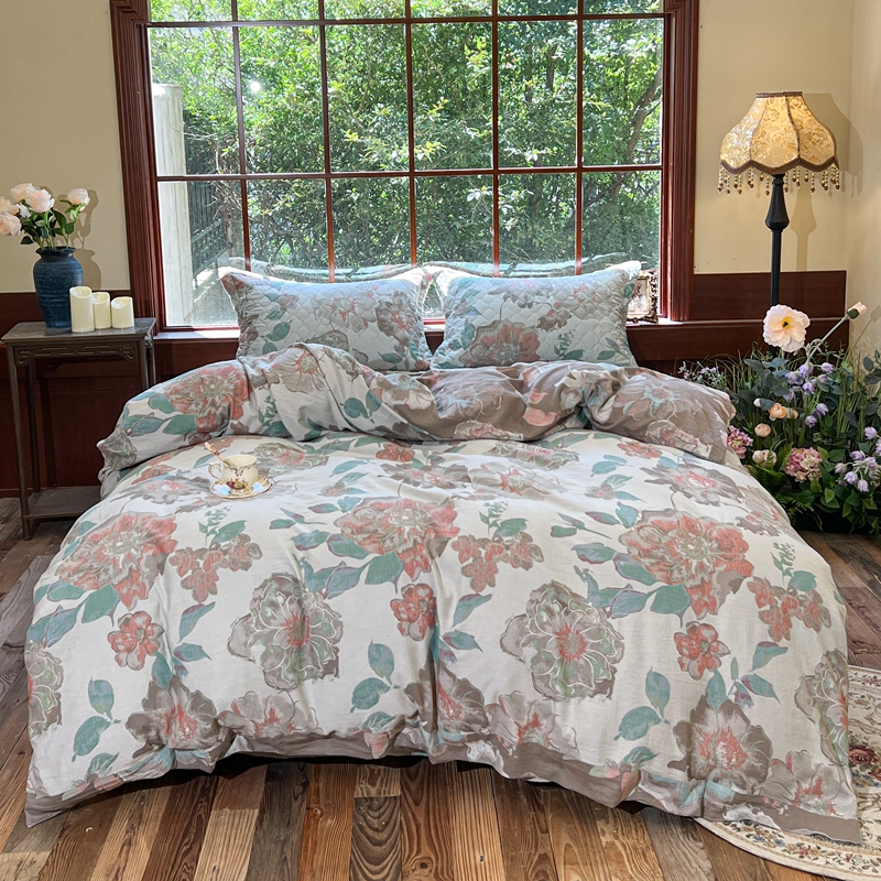 复古纯棉提花双层纱床盖四件套高端床上用品加厚夹棉全棉被罩被套