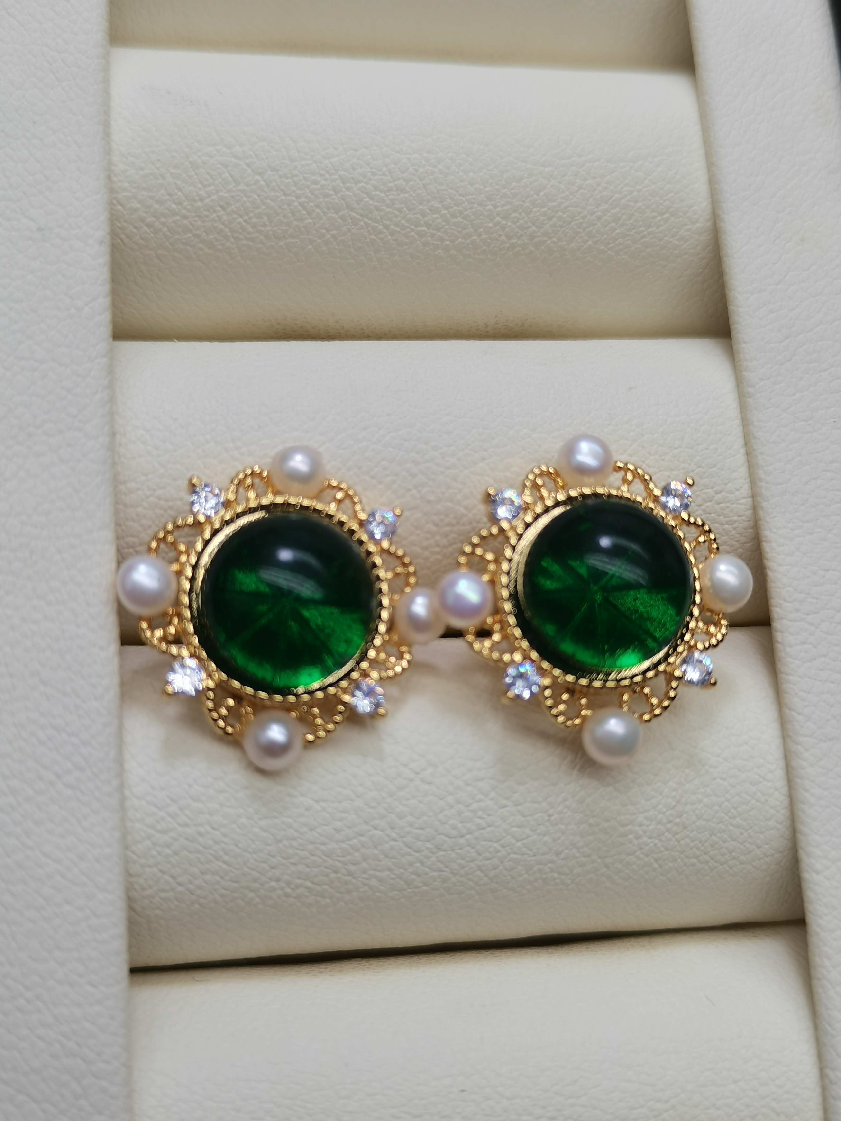 珍珠耳钉时尚绿色经典复古优雅宫廷风法式