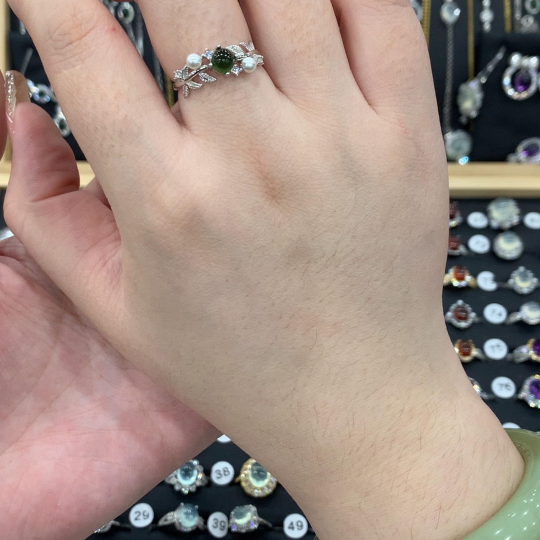 蛇纹石玉戒指银S925镶嵌戒指