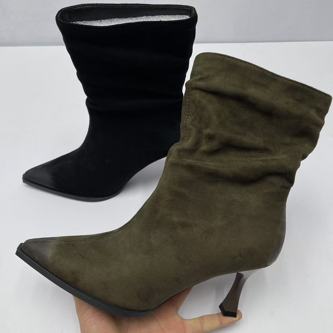 尖头细跟羊京绒短筒靴气质高跟靴/700-11