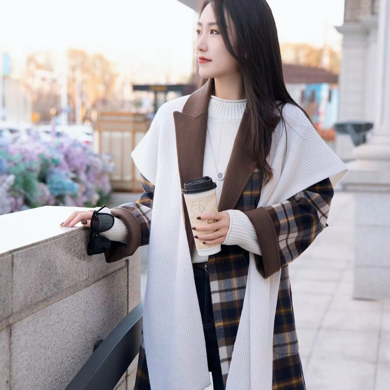 阿玛施AMASS时尚复古格纹宽松中长款毛呢外套5400666