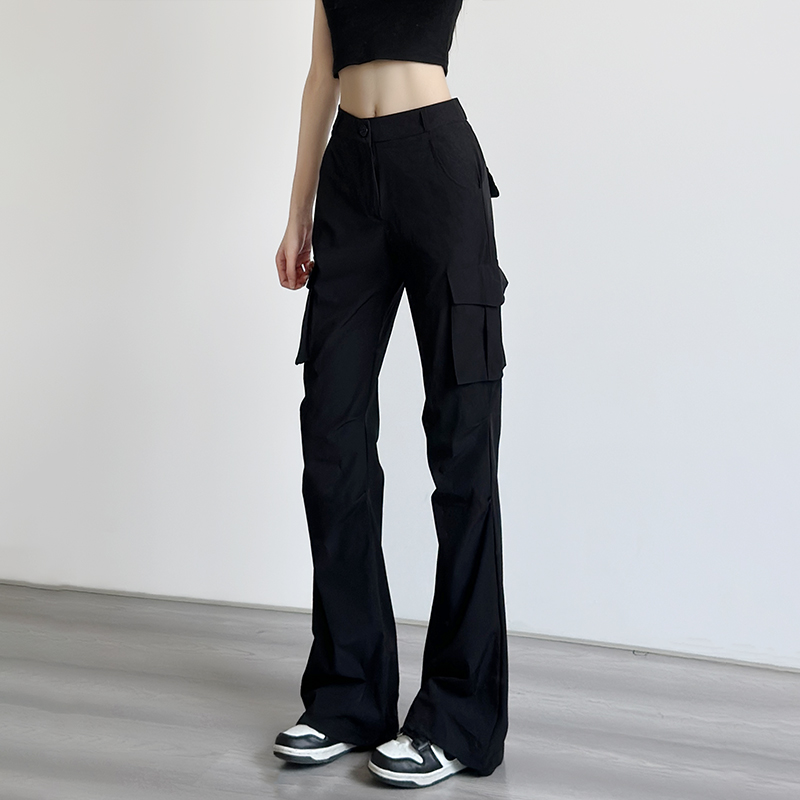 微喇叭工装裤女2025秋季款高弹力休闲运动小个子窄版显瘦黑色裤子