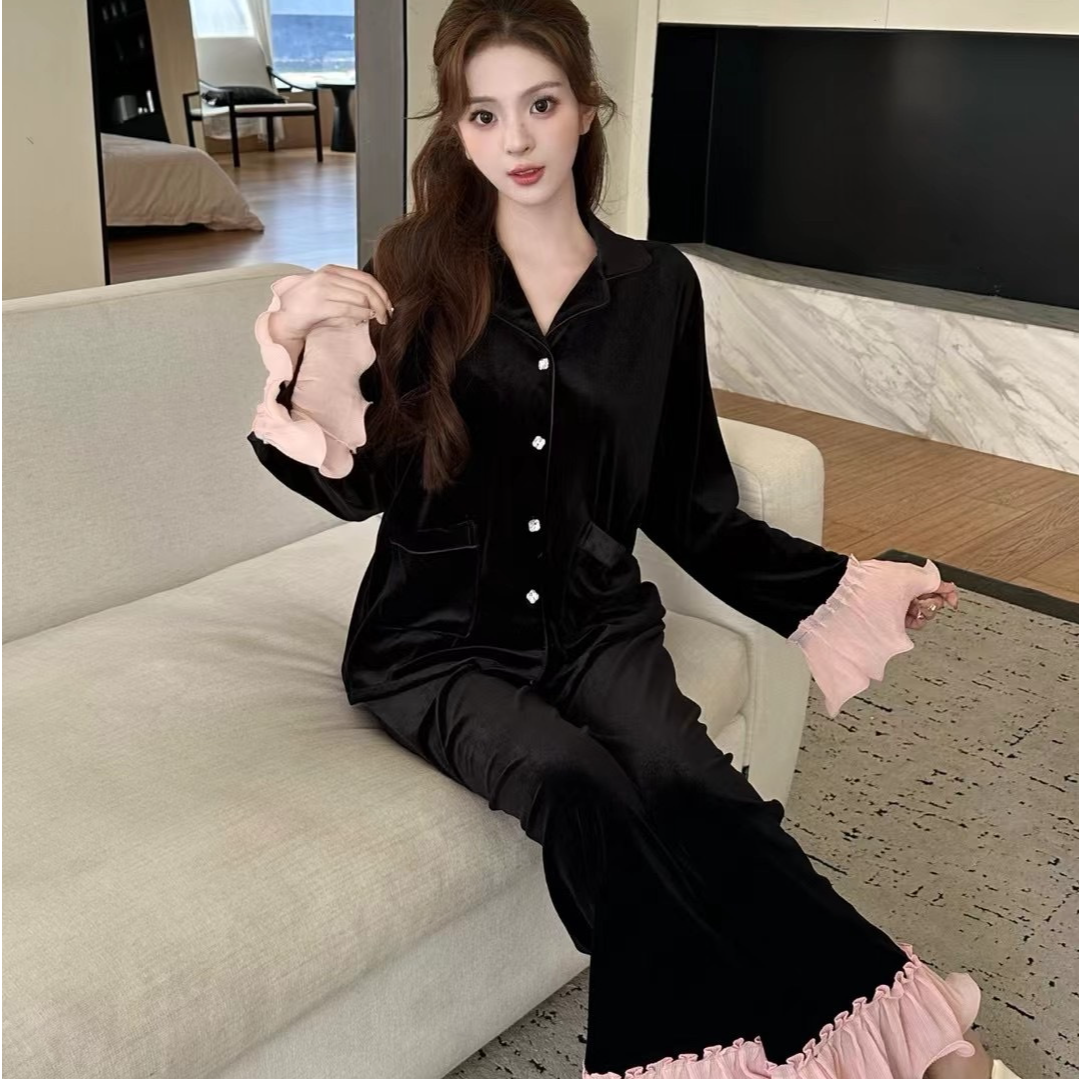 【荷花战神】新款金丝绒睡衣女荷叶边长袖宫廷风家居服少女甜美外穿