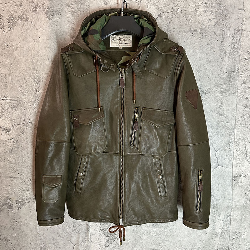 复古多口袋猎装中长款连帽山羊皮骑行皮衣外套男士