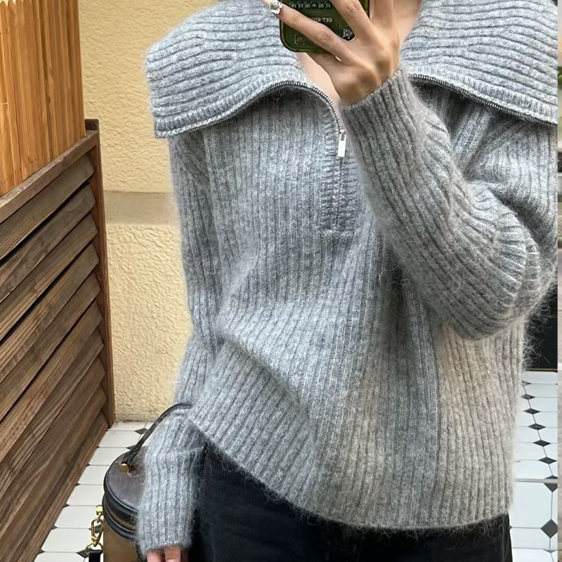 (气质海军领毛衣)秋冬时尚简约慵懒灰色大翻领半拉链针织衫W