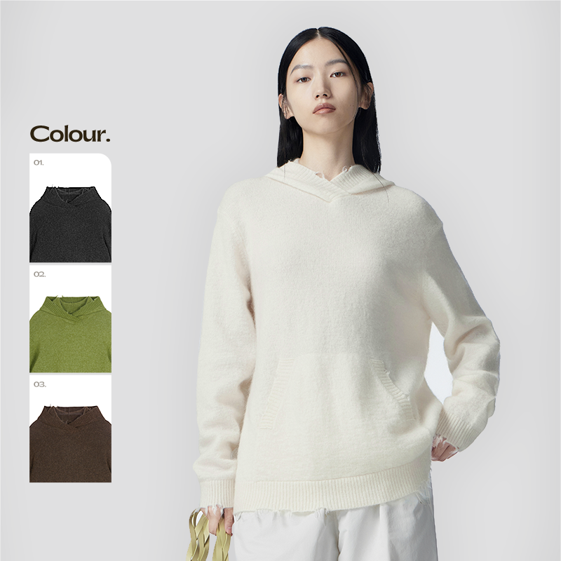 JNBY/江南布衣秋连帽针织衫女毛衣宽松休闲不规则破坏感5NA314860