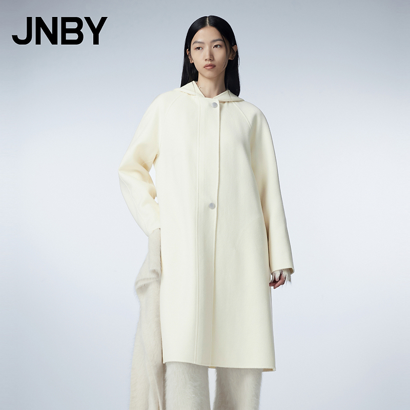 JNBY/江南布衣冬连帽长款毛呢外套女双面呢大衣细腻简约纯色通勤