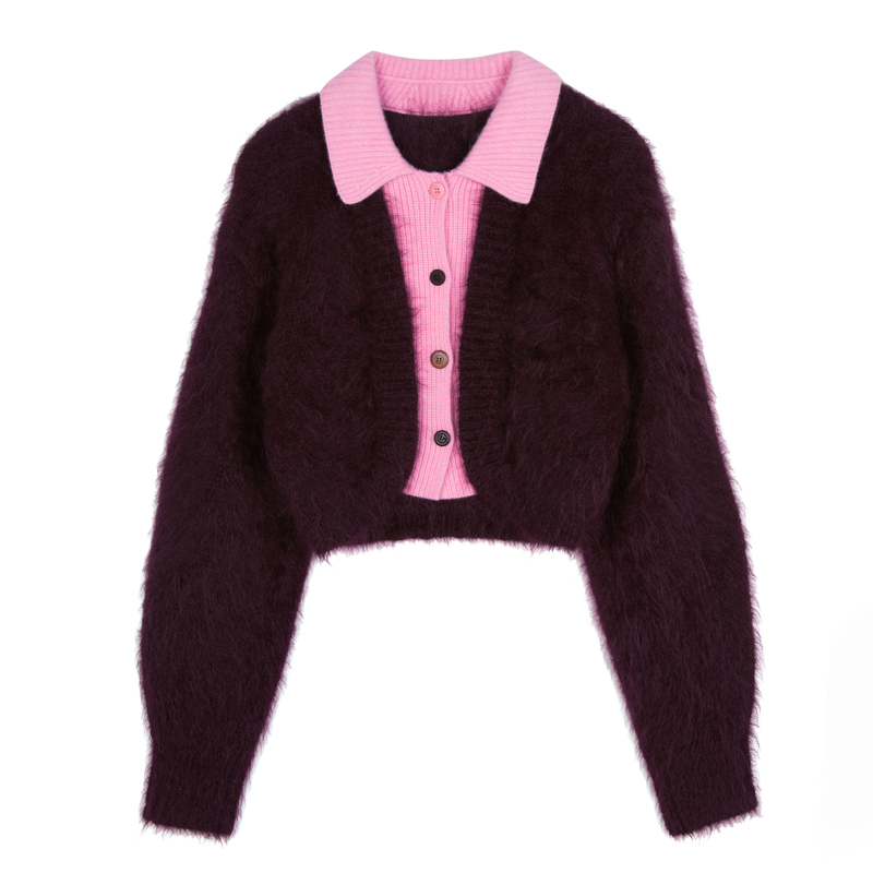 JNBY/江南布衣秋冬短款开衫毛衣女翻领假两件撞色5N0312570