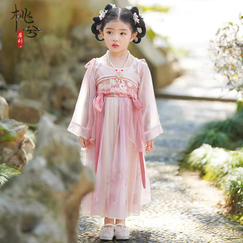 新款儿童汉服演出服中国风古典舞蹈服桃花山花蝴蝶有位姑娘胭脂妆
