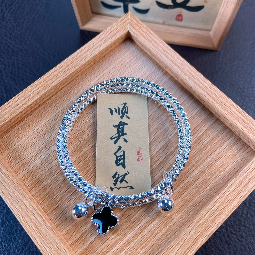 足银手镯 编号924:麻花钉沙三环手镯足银手镯