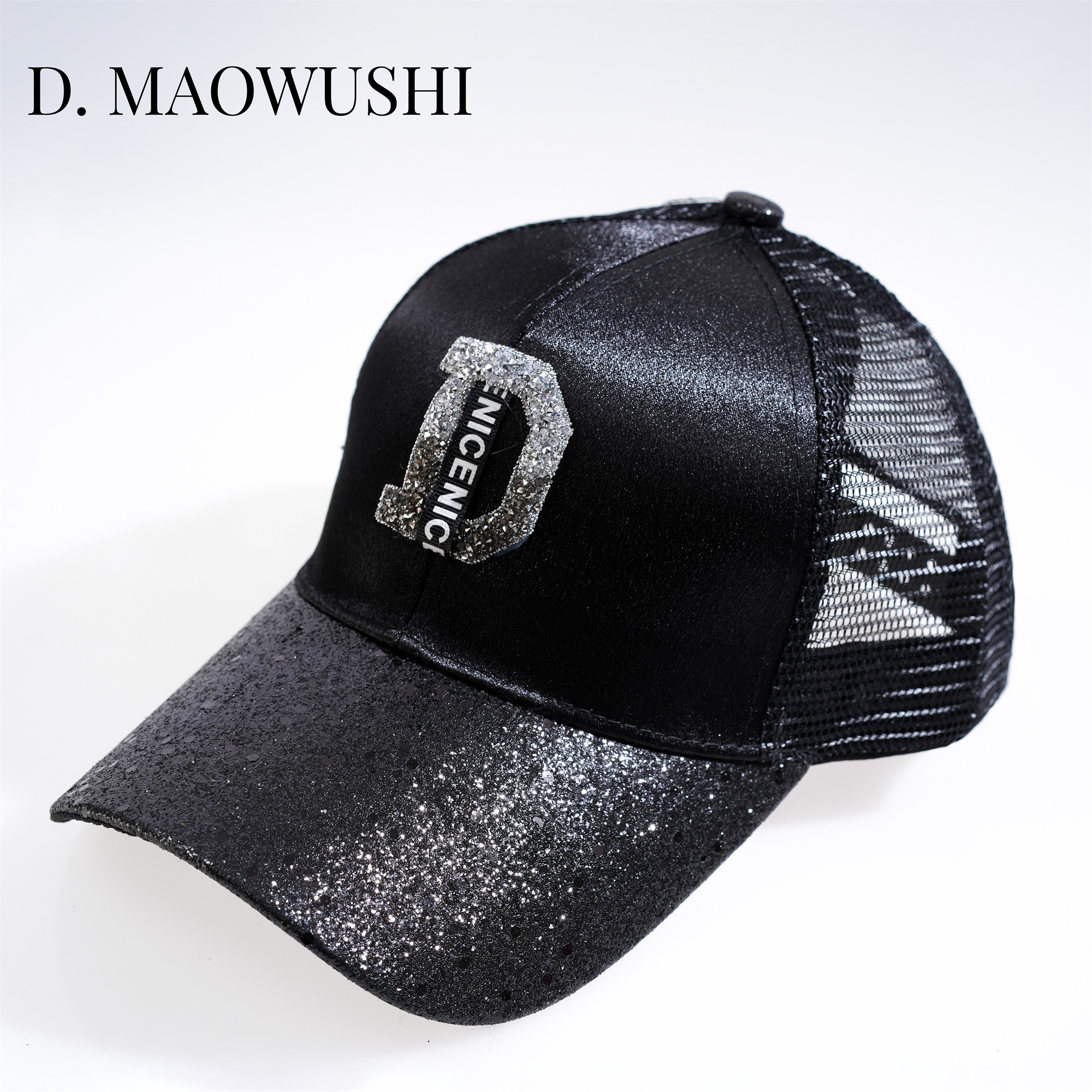 韩版时尚户外休闲百搭透气亮片黑色夏天鸭舌帽宽檐男女通用太阳帽