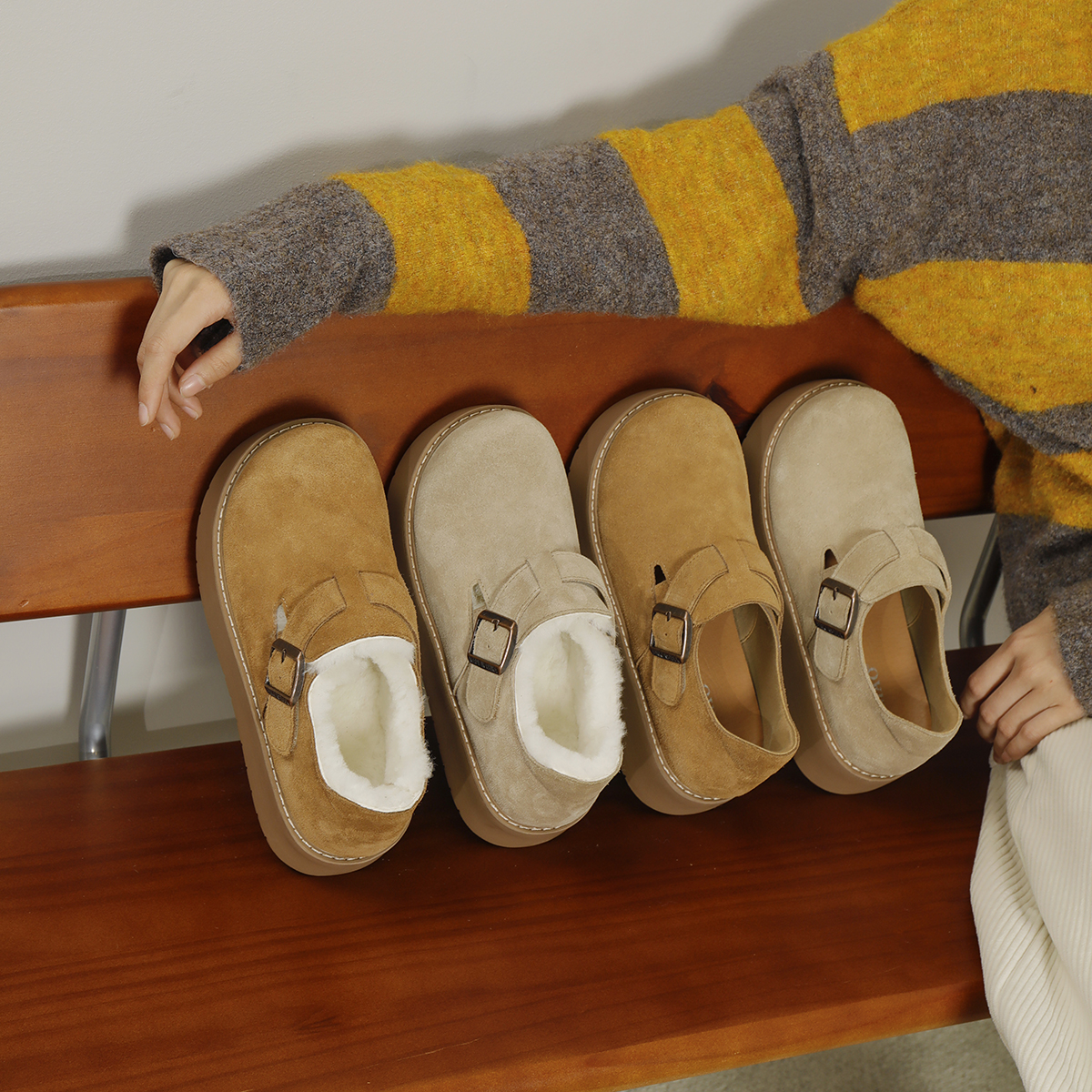 伯爵猫羊皮毛一体真皮厚底勃肯鞋增高加绒2569雪地靴大头休闲单鞋