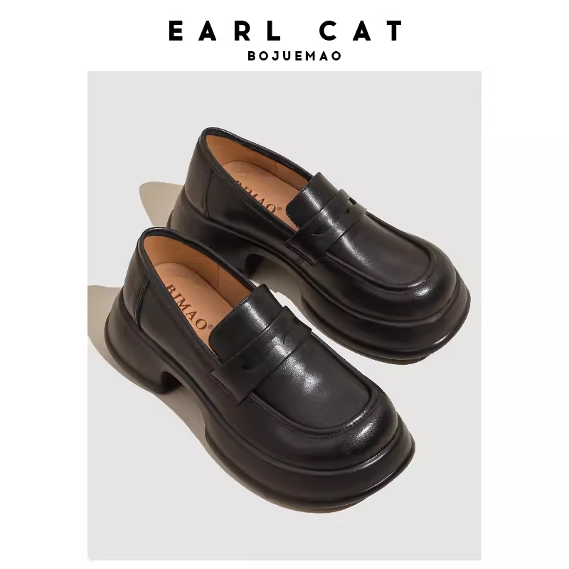 BJMAO伯爵猫女神节礼物乐福鞋真皮春款厚底增高鞋子鞋黑色小皮鞋