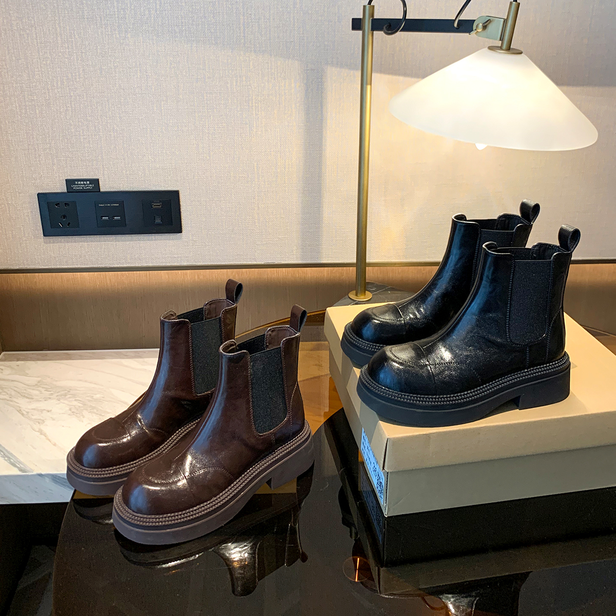 伯爵猫女神节礼物粗跟圆头切尔西靴厚底雪地靴加绒瘦瘦靴短靴