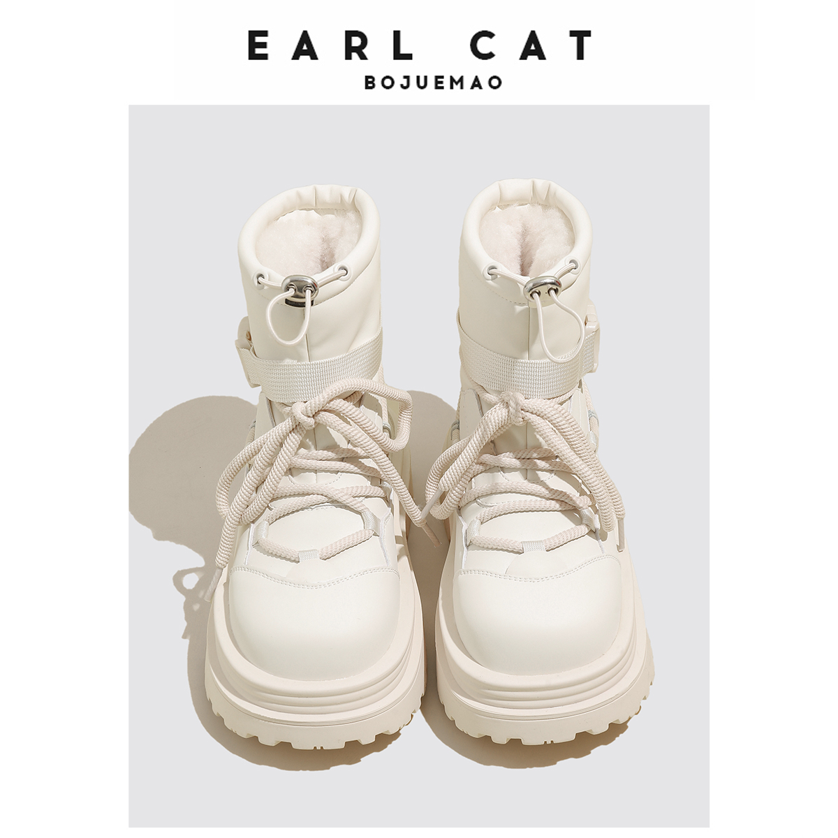 伯爵猫女神节礼物厚底真皮雪地靴百搭保暖毛毛马丁靴加绒短靴