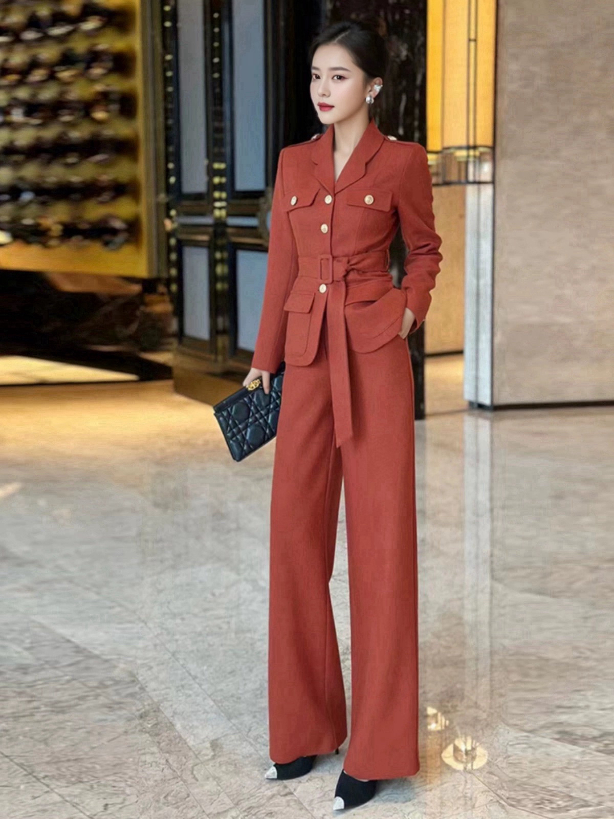 秋新款修身高智淡人职业显瘦毛呢外套阔腿裤气质小香风女装