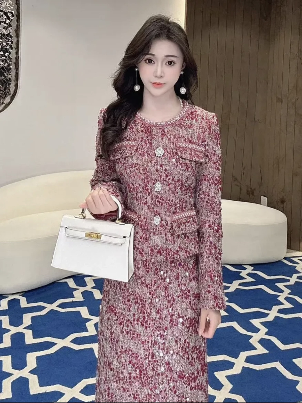 今年流行漂亮套装711重工小香风修身珠钻加棉加厚外套半身裙套装