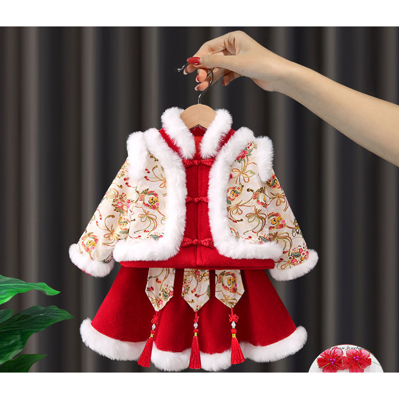 汉服女童秋冬加绒加厚儿童唐装中国风冬装古装宝宝新年拜年服冬季