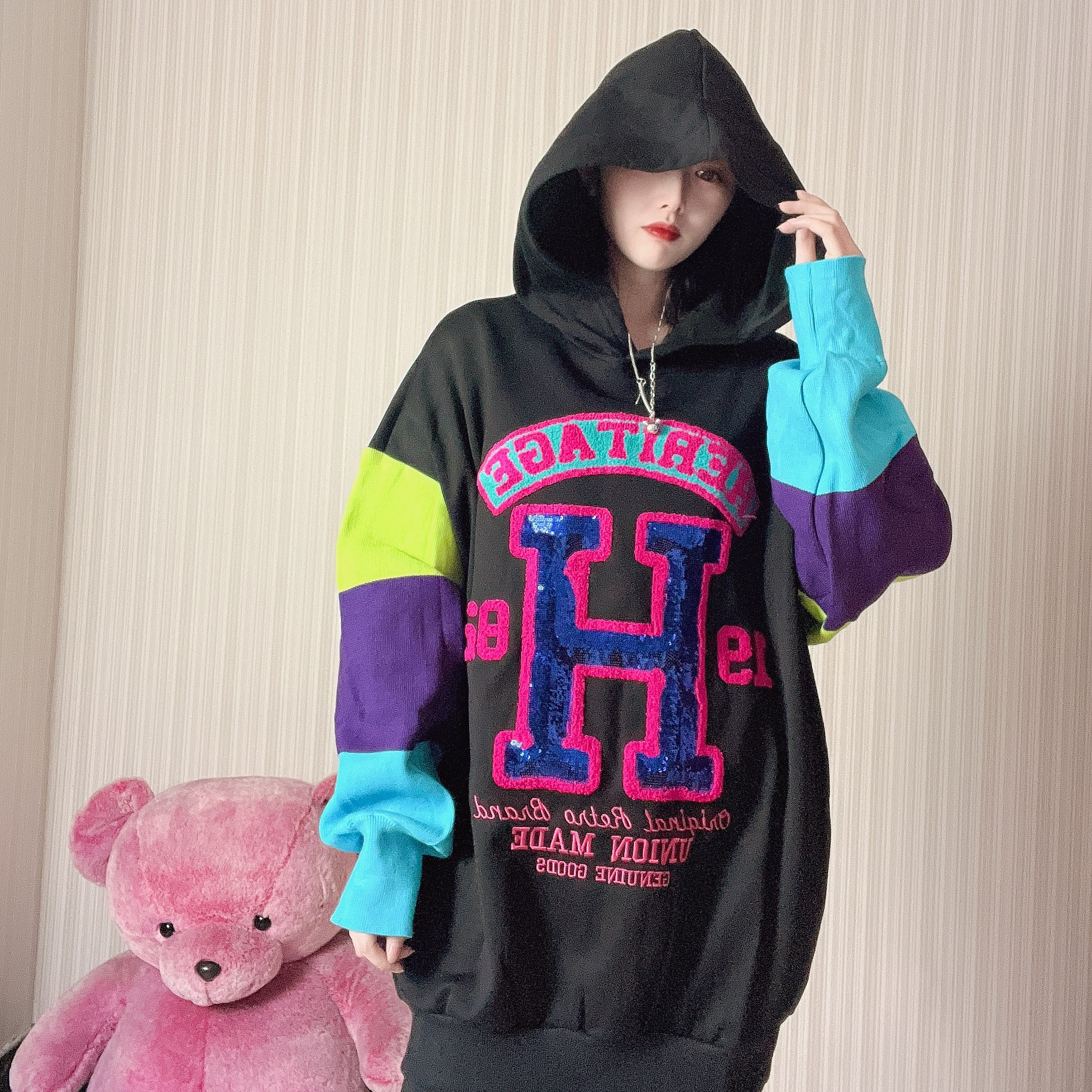 冬季加绒加厚连帽长袖中长款拼色卫衣