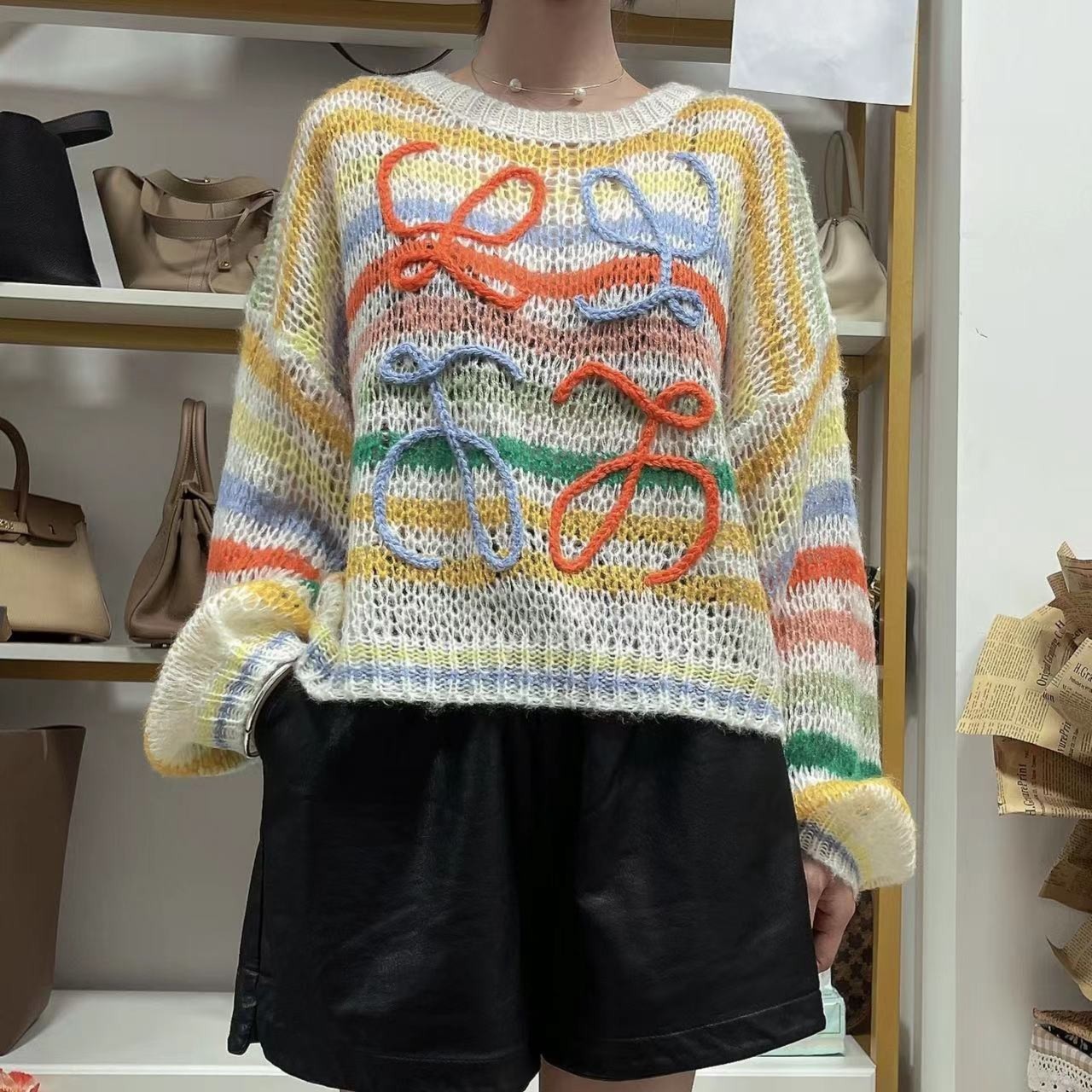 彩虹条纹镂空针织衫女薄款