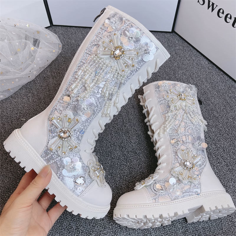 巴朵拉2023秋冬加绒新款重工水晶钉珠流苏女童高筒靴复古女童马丁