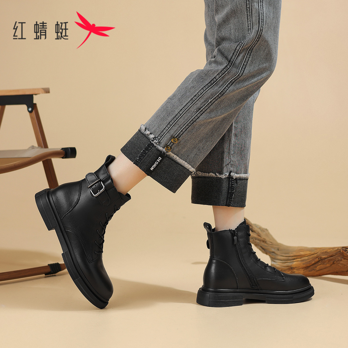 红蜻蜓女式时尚百搭复古秋冬英伦风小众潮流增高显瘦系带马丁靴