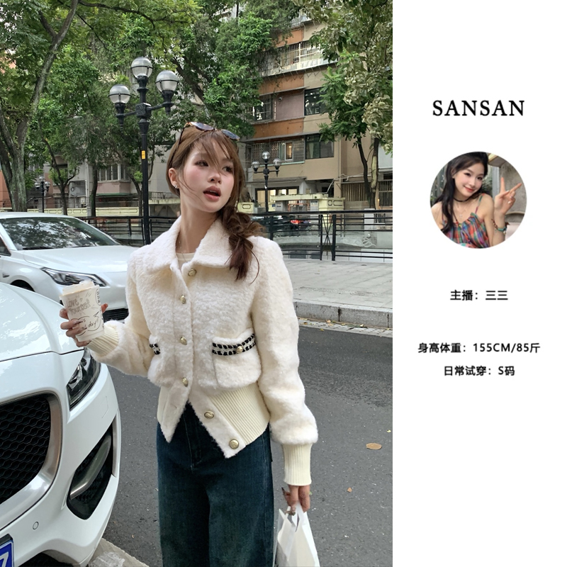 【三三】（心动crush）圈圈呢翻领收腰小香风夹克外套女短款上衣