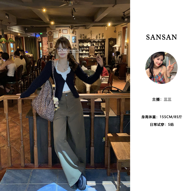 【三三】（圣日尔曼）秋季新款卡其色显高洗水阔腿休闲磨毛斜纹长裤