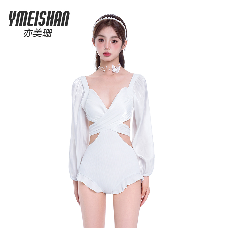 【厂家专属】夏日长袖时尚气质性感设计师修身连体裙式白色泳衣