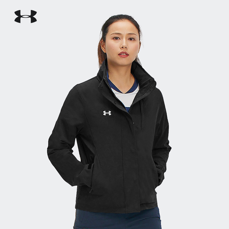 [帽子可隐藏]安德玛女款运动外套双层夹克上衣拉链外套防风连帽