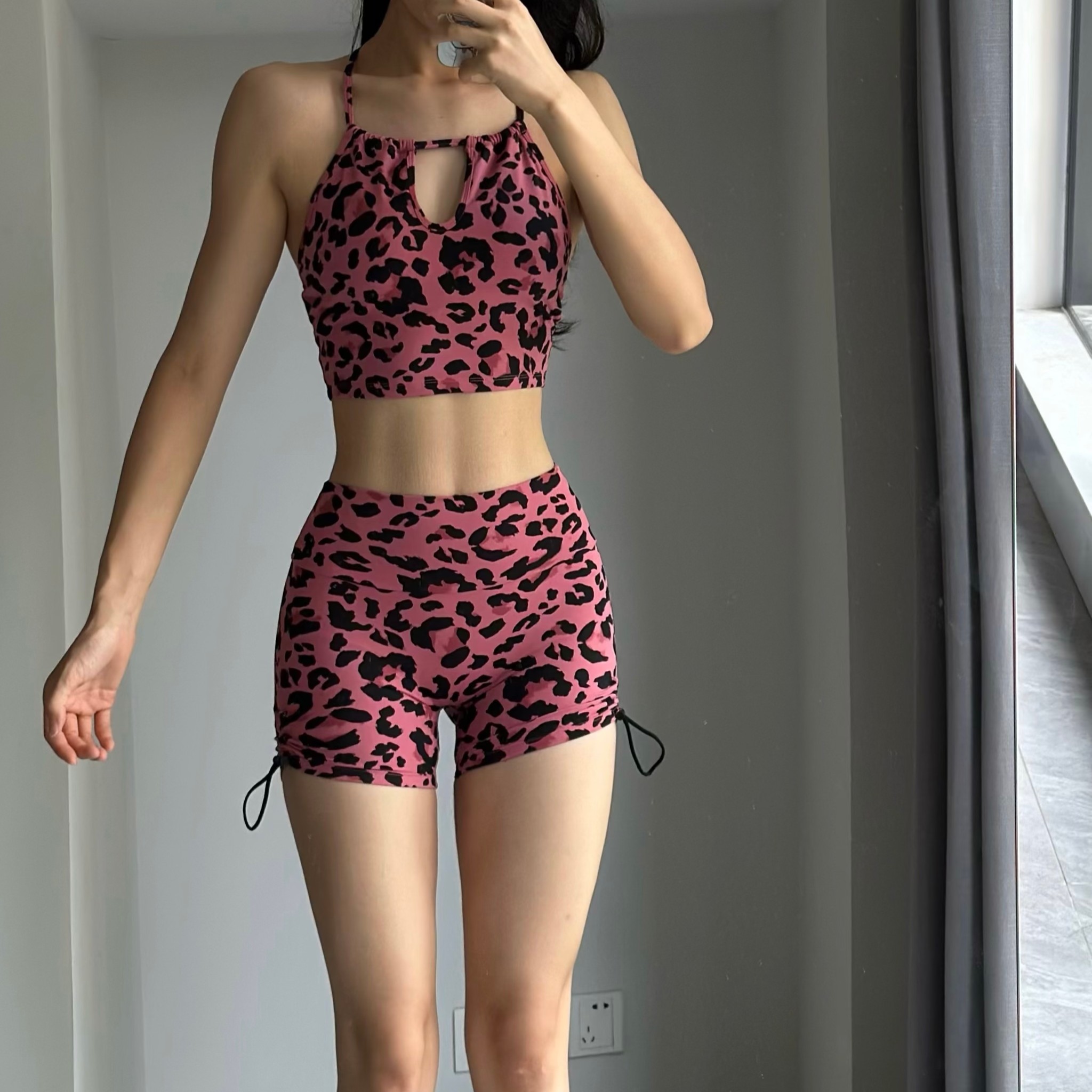 豹纹运动健身紧身性感夏季印花三分短裤速干欧美跑步时尚休闲套装