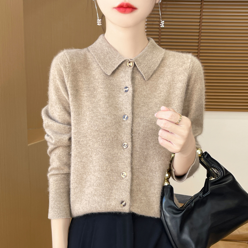 POLO领羊毛开衫秋冬女士时尚百搭宽松显瘦纯色翻领长袖针织打底衫